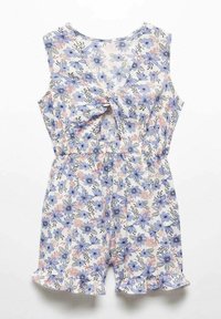 Blommig baddräkt i lätt tyg med vit bakgrund, blå och rosa blommor, elastisk midjeband och volangdetaljer vid fållen.