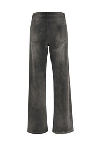 Wide-leg jeans in faded black denim, featuring a classic waistband, two back pockets, and clean stitching along the seams.