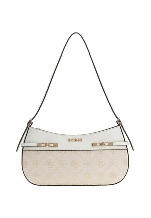 Sac à main en cuir blanc à forme courbée, partie inférieure beige à motif logo, ferrures dorées et sangle fine. Comprend de petits accents décoratifs.