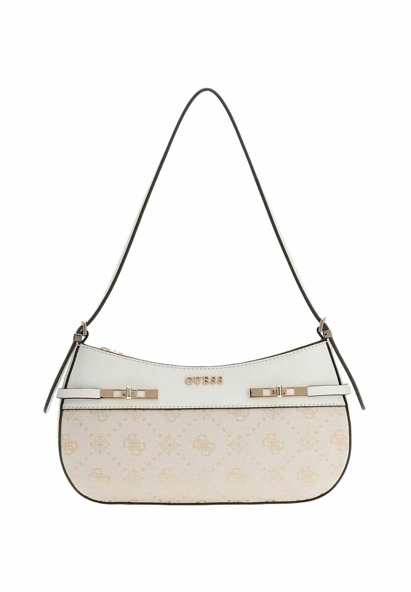 Sac à main en cuir blanc à forme courbée, partie inférieure beige à motif logo, ferrures dorées et sangle fine. Comprend de petits accents décoratifs.