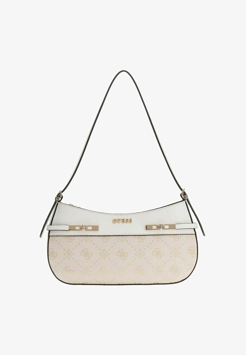 Sac à main en cuir blanc à forme courbée, partie inférieure beige à motif logo, ferrures dorées et sangle fine. Comprend de petits accents décoratifs.