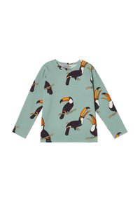 Langärmliges Shirt aus mintgrünem Stoff mit einem Tukan-Print in Orange und Schwarz. Einfaches Rundhalsdesign.