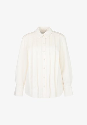 White button-up shirt featuring a pleated front, collared neckline, long sleeves with buttoned cuffs, and a smooth, lightweight texture.