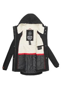 Black winter coat with a fluffy white lining, featuring a quilted black interior and red accents, a hood, and multiple labels inside.