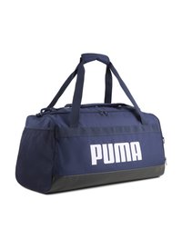 Marineblauwe sporttas gemaakt van duurzaam materiaal, voorzien van een groot wit "PUMA"-logo, dubbele draagriemen en een zwarte basis voor extra ondersteuning.