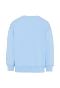 Jasnoniebieski sweatshirt z okrągłym dekoltem, długimi rękawami, ribbowymi mankietami i dołem. Wykonany z miękkiej, teksturowanej tkaniny. Minimalistyczny design bez ozdób.