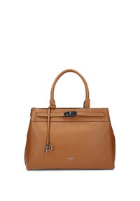 Braune Lederhandtasche mit strukturiertem Design, oberen Griffen und abnehmbarem Riemen. Verfügt über einen metallischen Verschluss und dezentes Logodetail.