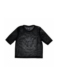 Black mesh short-sleeve shirt featuring a central circular graphic with intricate designs and text. Finished with a round neck and cuffs.