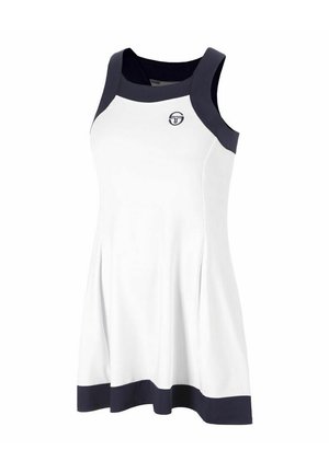 Weißes ärmelloses Tennis-Kleid mit schwarzer Borte an Schultern, Ausschnitt und Saum, mit kleinem rundem Logo auf der Brust.
