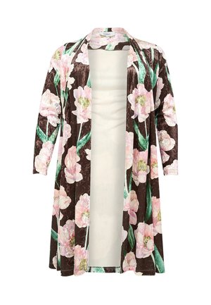 Lange open voorkant cardigan met een bruine achtergrond en grote roze bloemenprint, voorzien van lange mouwen en een zachte, vloeiende stof.