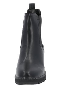 Bottines en cuir noir avec une finition lisse, des panneaux latéraux élastiques, une languette à l'arrière et une semelle en caoutchouc texturée.