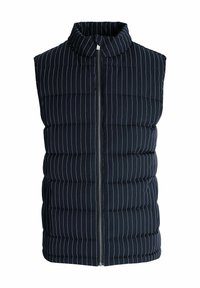 Chaleco acolchado en azul marino oscuro con rayas verticales blancas, que presenta un cuello alto y cierre frontal con cremallera. Textura suave y diseño acolchado.