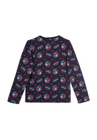 Langarm T-shirt van marineblauwe stof met herhalende Batman-graphics, rode vleermuizen en contrasterende ronde cirkels, met een ronde halslijn en een zachte textuur.