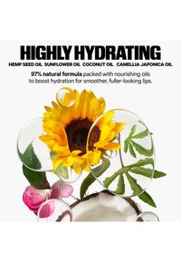 Sunflower, coconut half, cannabis leaf, and pink flower surrounded by oil droplets highlighting natural hydrating oils for lips.