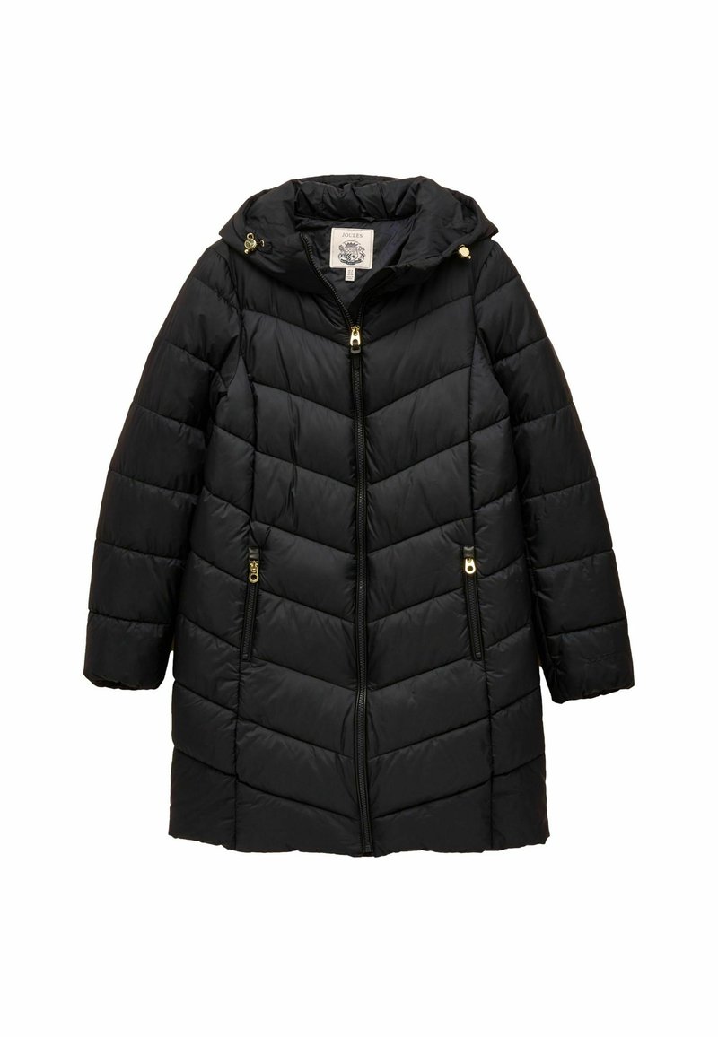 Czarna kurtka puchowa z zapięciem na zamek, przeszyciem w kształcie chevron, kapturem i złotymi akcentami. Materiał wygląda na gładki i izolujący.