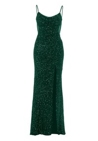 Abito da sera verde con paillettes, scollatura a cappuccio, spalline sottili e uno spacco alto fino alla coscia. Silhouette aderente con una texture scintillante.