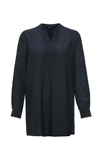 Marineblaues Langarm-Tunika mit Spaltkragen, aus glattem Stoff gefertigt, mit lockerer Passform und seitlichen Schlitzen am Saum.