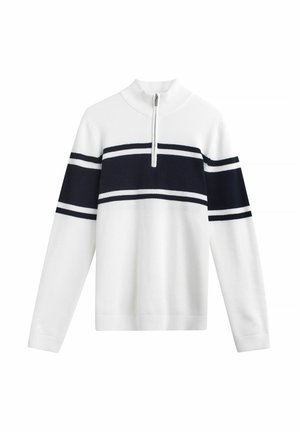 Witte pullover met lange mouwen, een hoge kraag en een kwartsluiting met rits. Voorzien van marineblauwe horizontale strepen over de borst en mouwen. Gemaakt van textuurgebreide stof.