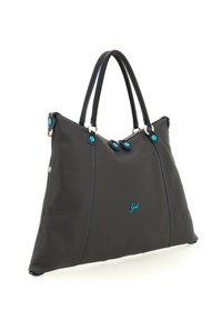 Borsa tote in pelle nera con finitura testurizzata, caratterizzata da accenti turchesi e cuciture blu. Include doppi manici e chiusura con zip.