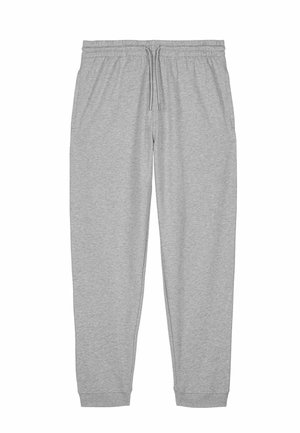 Pantalon de survêtement en coton gris clair avec taille élastique, cordon de serrage, poches latérales et poignets côtelés aux chevilles.