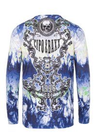 Langärmliges Hemd mit blau-weißer Batikmuster, dekorativem Totenkopf-Graphic und aufwendigen schwarzen Details mit Strasssteinen.