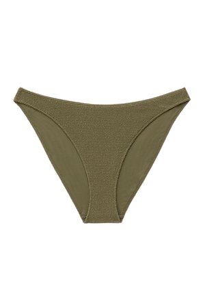 Spodný diel bikín olivovo zelenej farby s textúrovanou látkou vpredu a hladkými stranami, s nízkym pásom a úzkym strihom.