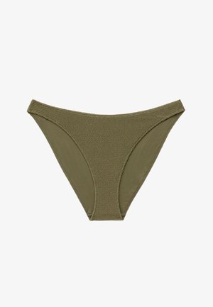 Olivengrønt bikinitrusser med tekstureret stof foran og glat stof på siderne, med lav talje og smal pasform.