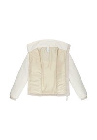 Giacca di pile color crema con un esterno morbido e peloso, rivestimento interno liscio simile a satin, polsini elastici e chiusura frontale con zip.