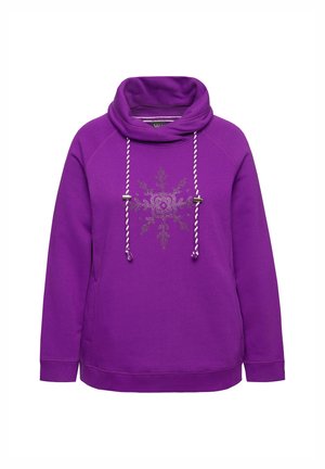 Paarse sweatshirt met een kraag, versierd met een sneeuwvlokontwerp en trekkoorden. Gemaakt van zachte stof, heeft het raglanmouwen en een gebande zoom.