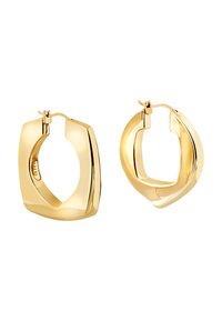 Zlaté kruhové náušnice s moderním, geometrickým designem. Mají hladký, lesklý povrch a jedinečný asymetrický tvar.