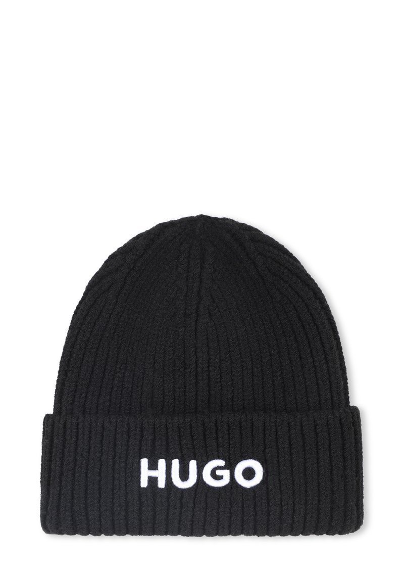 Beanie nero a coste realizzato in materiale lavorato a maglia, con un risvolto che presenta la scritta "HUGO" ricamata in bianco.