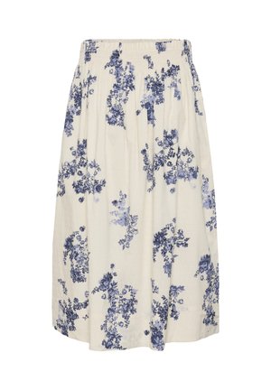 Jupe crème avec motifs floraux bleus et taille élastique, présentant un design mi-long et fluide.