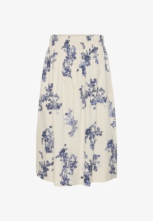 Krémszínű szoknya kék virágmintákkal és gumis derékrésszel, középhosszú, lebegő szabással.