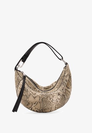 Borsa hobo con texture in pelle di serpente in beige e marrone, dotata di tracolla in pelle nera e chiusura a zip.