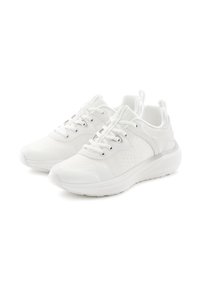 White athletic shoes with a textured mesh upper, lace-up closure, padded collar, and a cushioned sole for comfort.