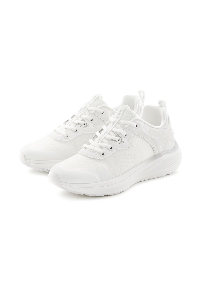 White athletic shoes with a textured mesh upper, lace-up closure, padded collar, and a cushioned sole for comfort.