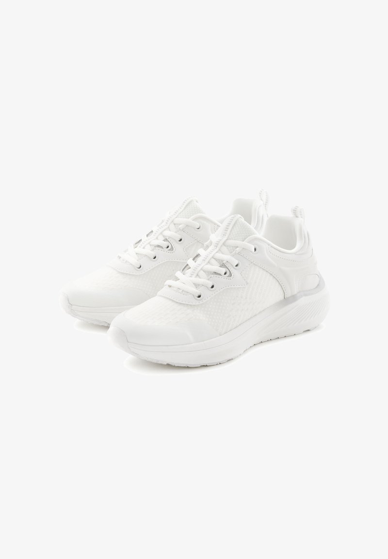 White athletic shoes with a textured mesh upper, lace-up closure, padded collar, and a cushioned sole for comfort.