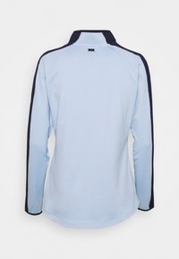 Helles blaues Langarmoberteil mit hohem Kragen und navyblauen Seitenakzenten. Glattes Material mit abgerundetem Saum und Raglanärmeln.
