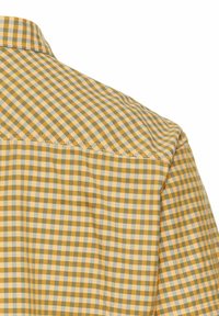 Gele en grijs geblokte shirt, gemaakt van katoen. Heeft een button-down kraag en zichtbare stiksels langs de naden.