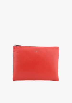 Pochette zippée en cuir rouge avec une surface subtilement texturée et un petit logo de marque argenté centré près du haut.