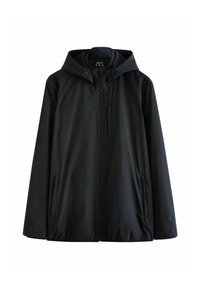 Veste imperméable noire à capuche avec fermeture éclair à l'avant, deux poches latérales et cordons ajustables sur la capuche.