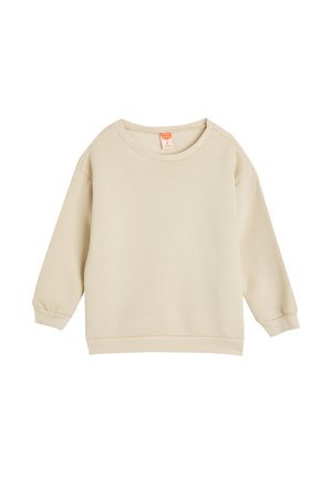 Beige sweatshirt made of soft fabric, featuring long sleeves, a wide crew neckline, ribbed cuffs, and minimalistic design.