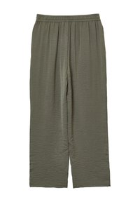 Pantalons légers vert olive en tissu texturé. Dotés d'une taille élastique et d'une coupe ample avec des jambes droites.