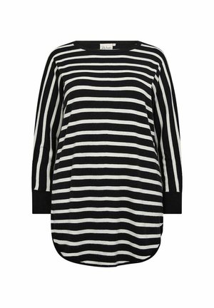 Striped long-sleeve top in black and white, featuring a round neckline, relaxed fit, and a curved hem. Made from soft, textured fabric.