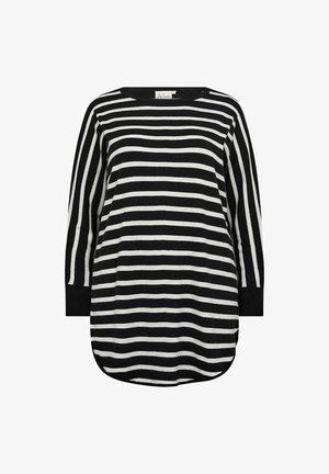 Pruhovaná dlhá rukávová blúzka v čiernej a bielej farbe s okrúhlym výstrihom, voľným strihom a zakriveným lemom. Vyrobená z mäkkej, textúrovanej látky.