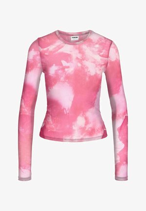 Rózsaszín és fehér testhezálló hosszú ujjú ing kerek nyakkivágással és batikolt mintával.