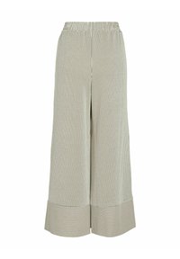 Pantalon large raccourci à fines rayures verticales, taille élastique et poignets larges à rayures horizontales dans des tons neutres.