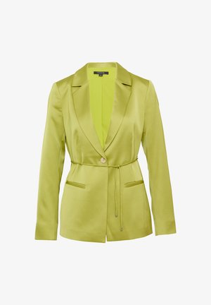 Limoengroene blazer van satijn met een notch-kraag, twee voorkruiszakken en een strik taille-detail. Voorzien van een enkele knoopsluiting.
