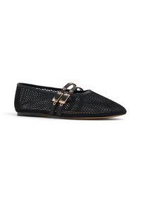 Scarpa piatta in rete nera con punta affusolata e due cinturini decorativi con fibbie quadrate dorate, mostrata in profilo laterale su sfondo bianco.