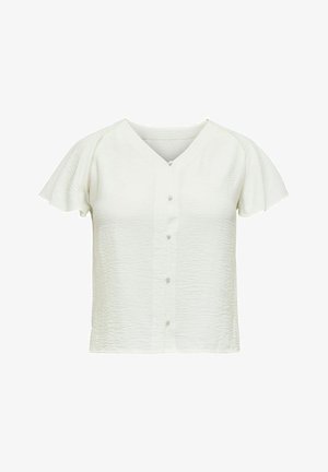 Weiße Bluse mit kurzen Ärmeln, V-Ausschnitt, vorn mit stoffbezogenen Knöpfen, Rüschensäumen an den Ärmeln und dezent strukturiertem Stoffmuster.